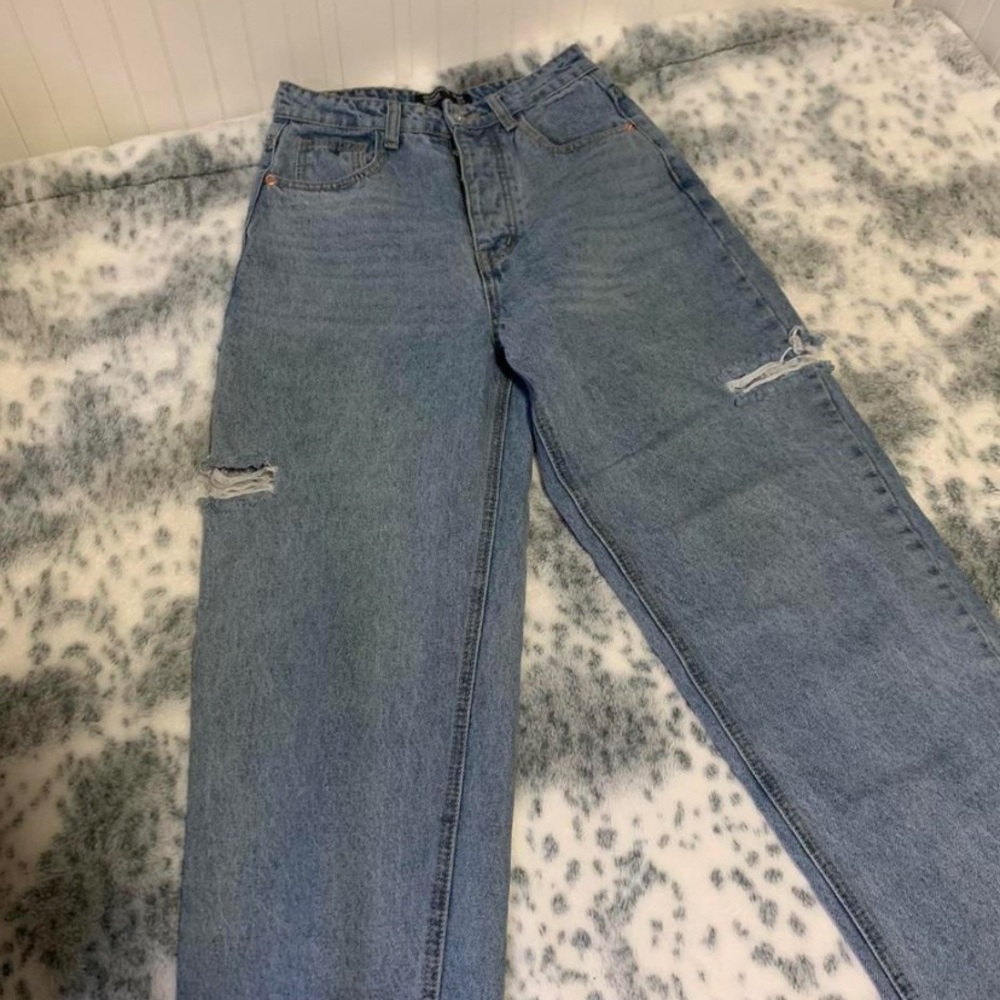 PLT LIGHT BLUE WASH THIGH SPLIT BAGGY BOYFRIEND JEANS